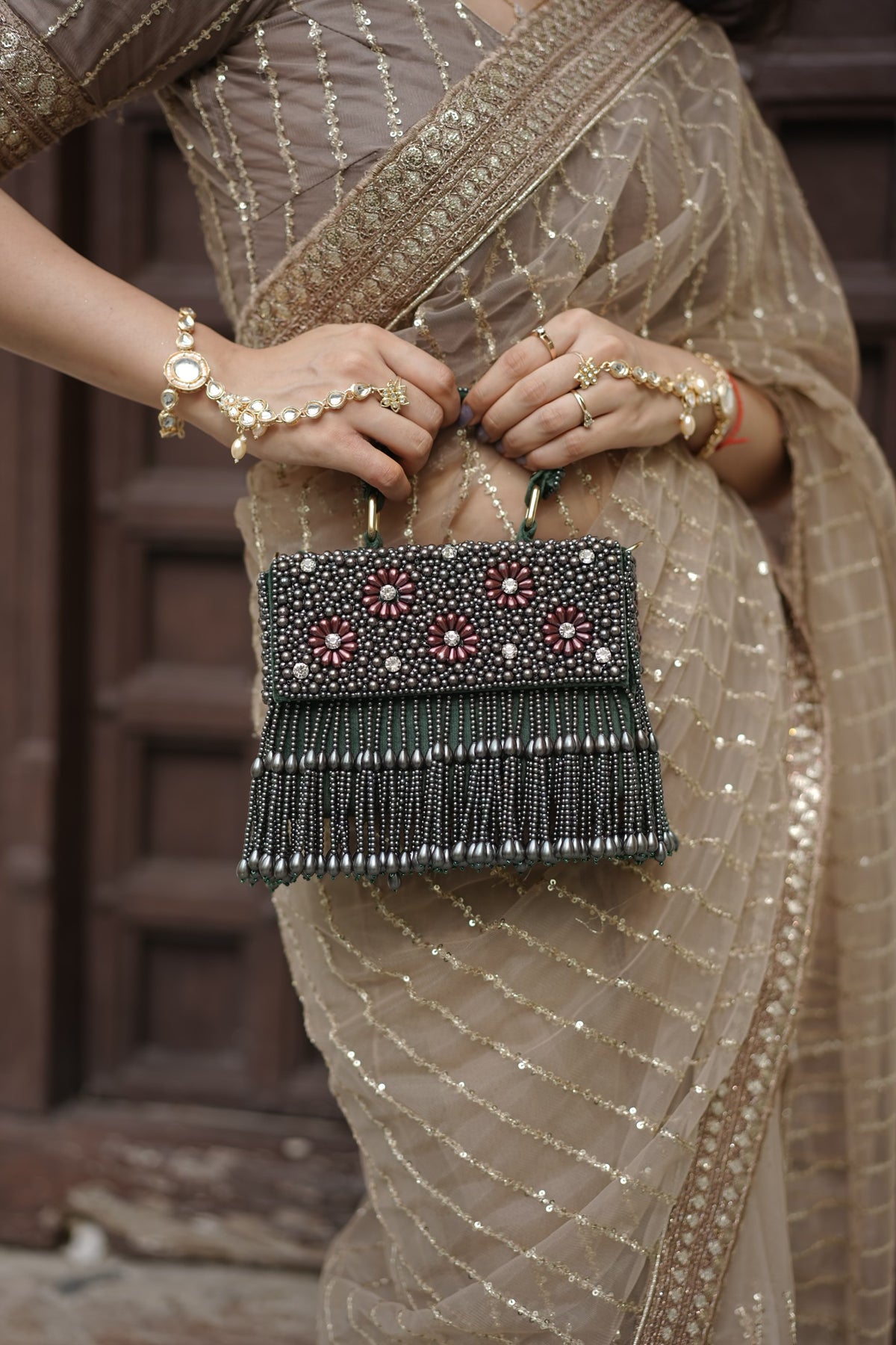 Emerald Bloom Pearls Beaded Bag