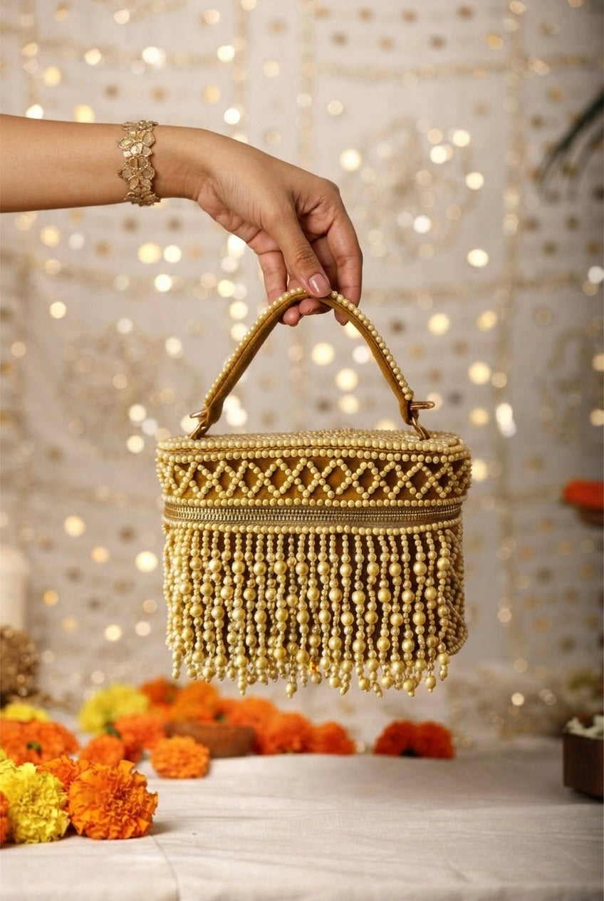 Pearl Fringe Vanity Bag, Antique Gold
