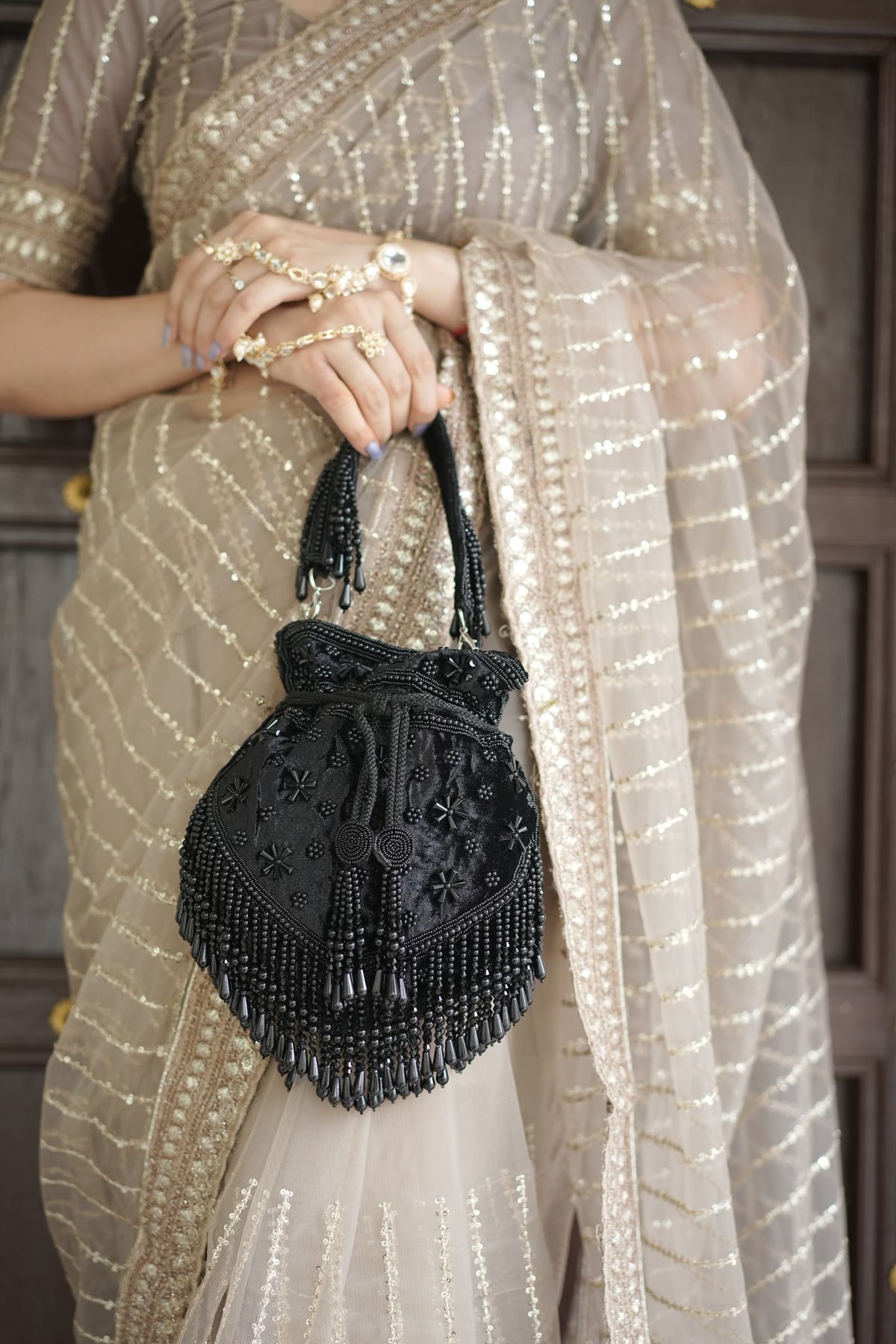 Midnight Black Pearl Velvet Potli Bag