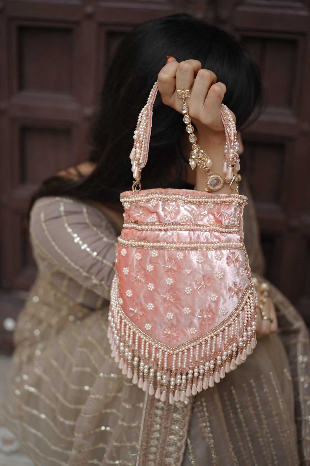 Blush Pink Pearl Velvet Potli Bag