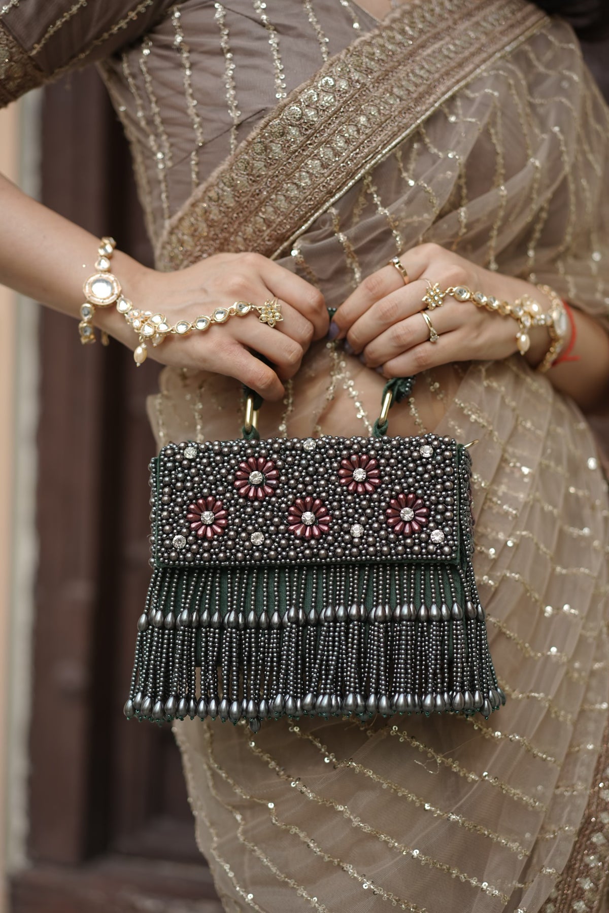 Emerald Bloom Pearls Beaded Bag