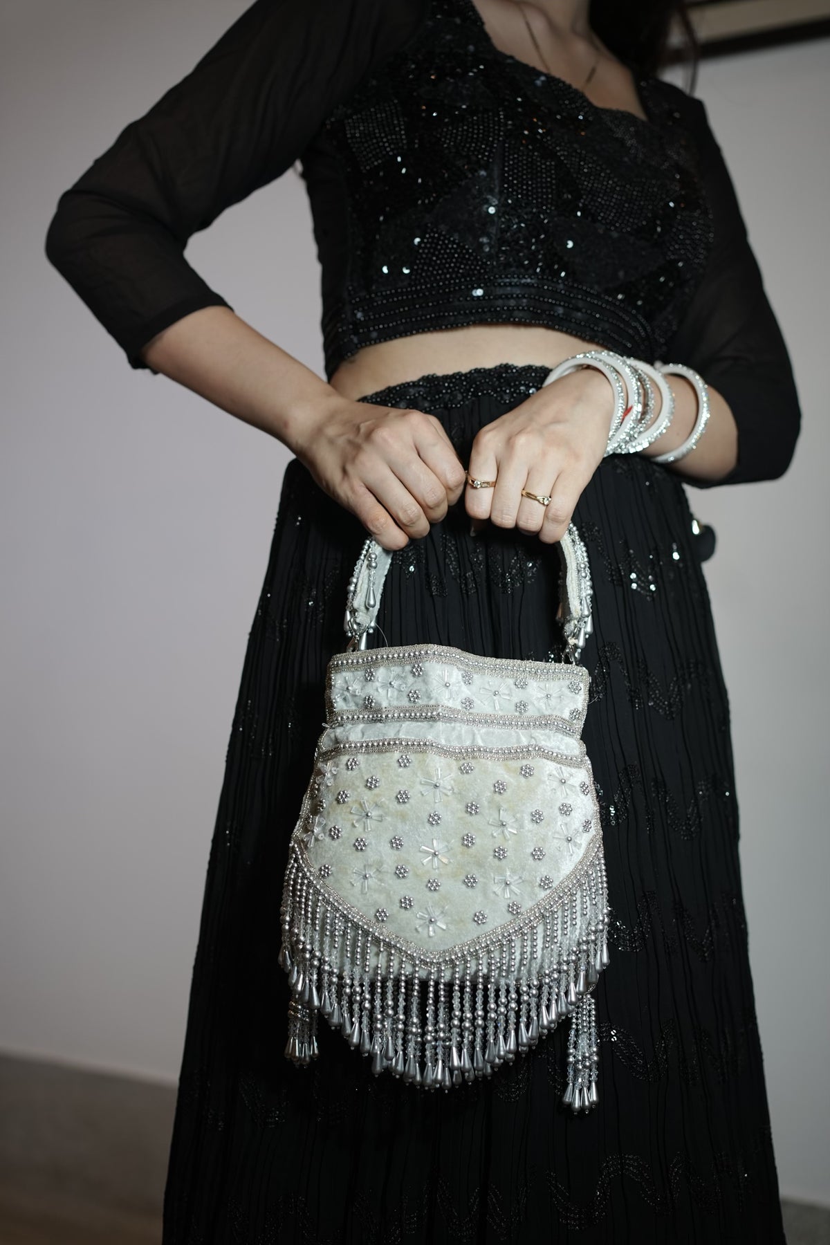 Silver Pearl Velvet Potli Bag