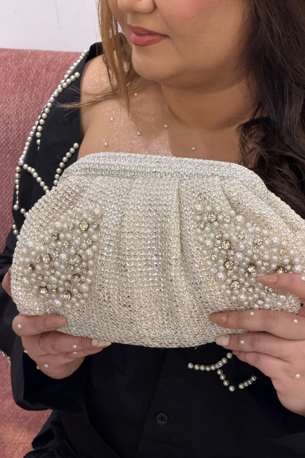 Ivory White Pearl Petal Beaded Clutch