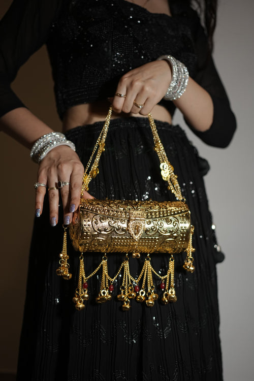 Aarohi Antique Gold Metal Trunk Clutch