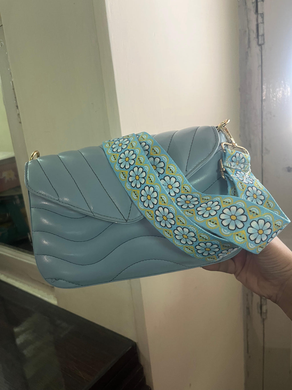 Luna Quilted Crossbody Bag, Powder Blue