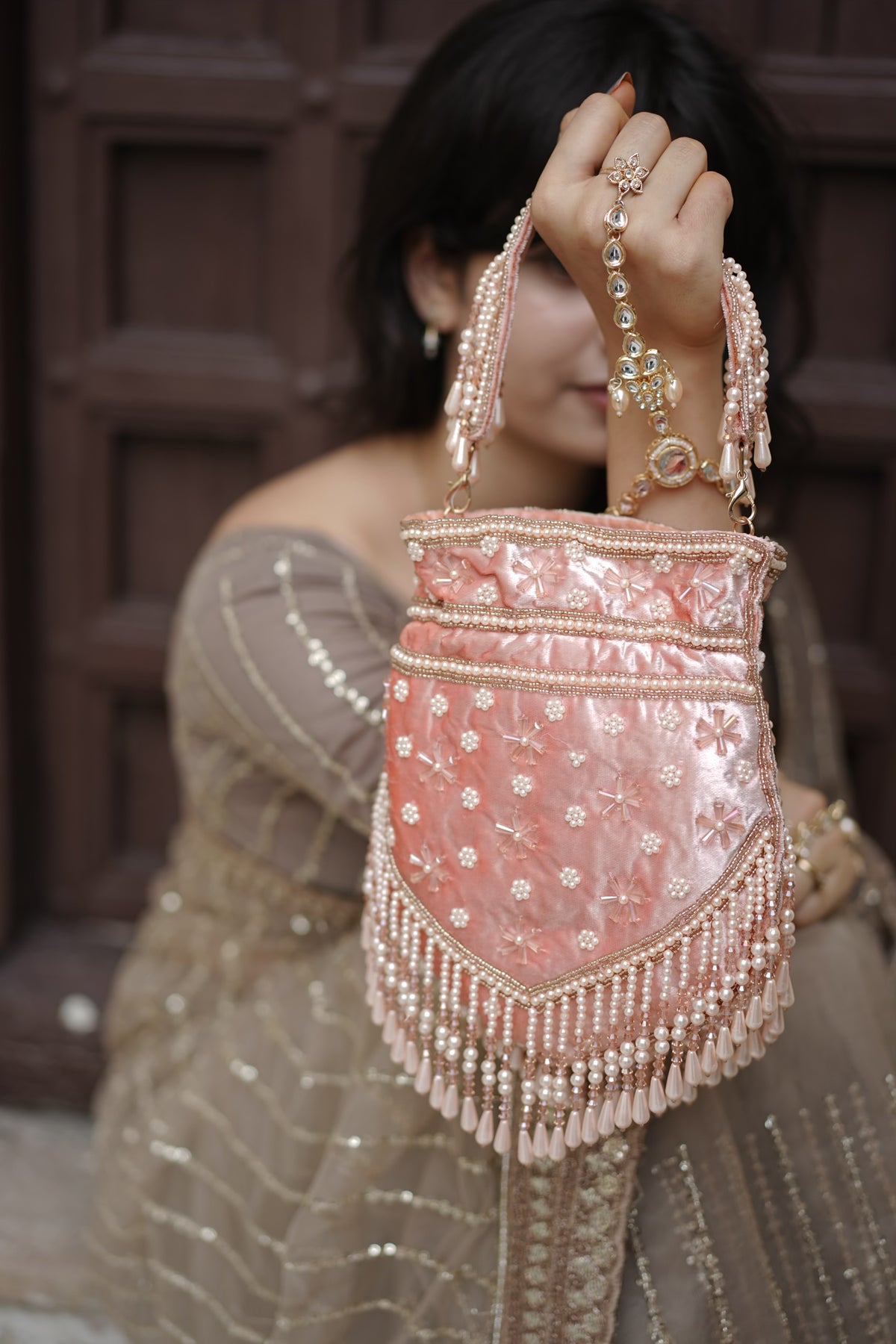 Blush Pink Pearl Velvet Potli Bag