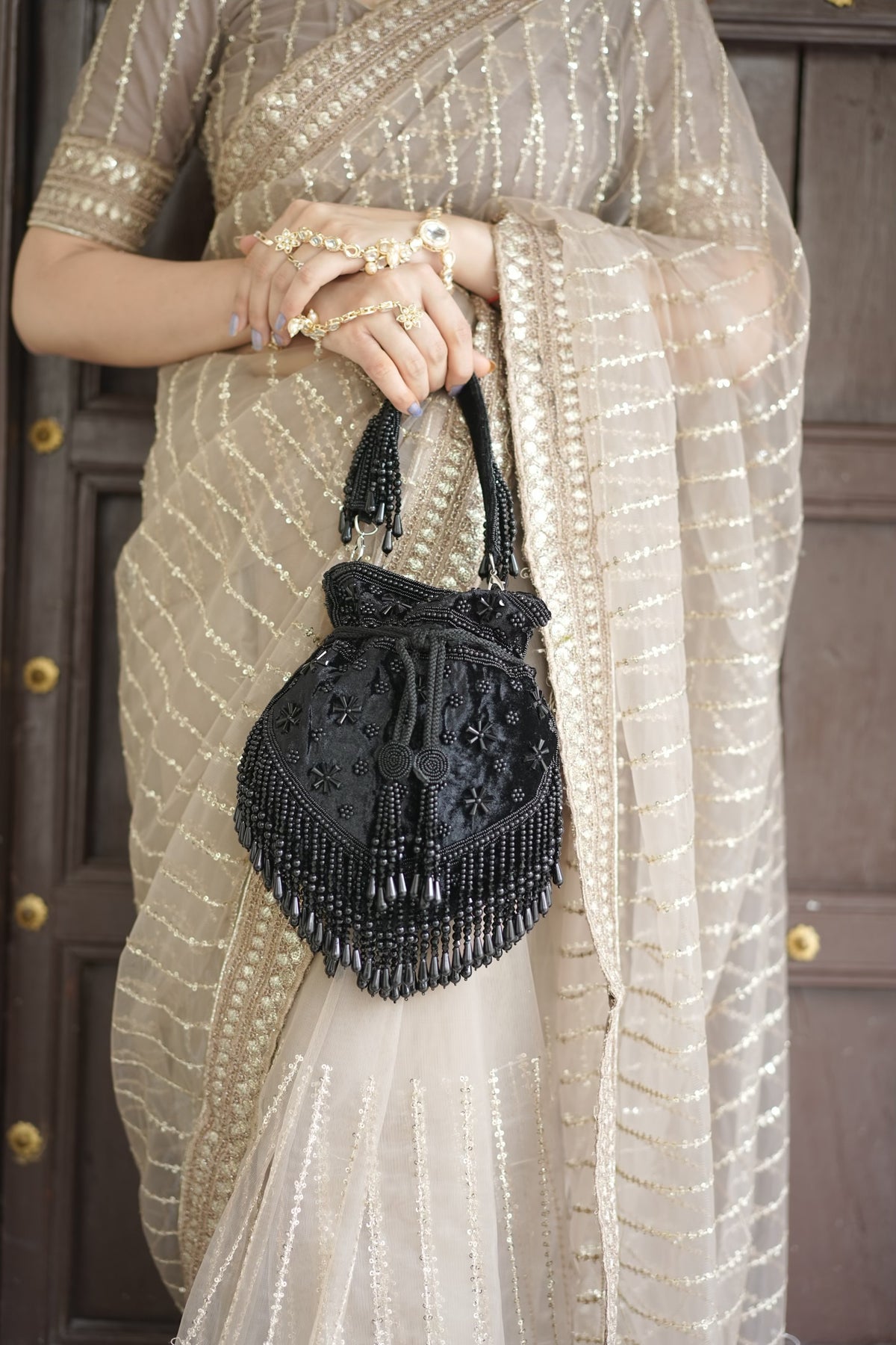 Midnight Black Pearl Velvet Potli Bag
