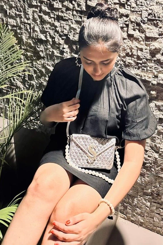 Pearl Luxe Silver Quilted Sling Bag