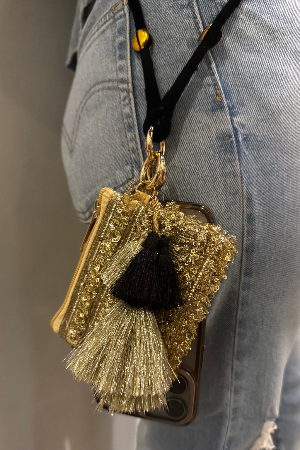 Luxe Tassel Black and Gold Phone Pouch+Sling