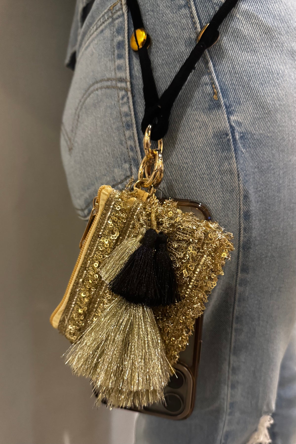 Luxe Tassel Black and Gold Phone Pouch+Sling