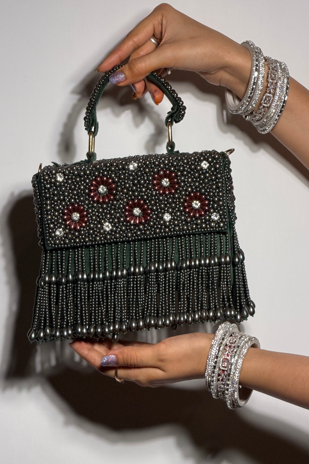 Emerald Bloom Pearls Beaded Bag