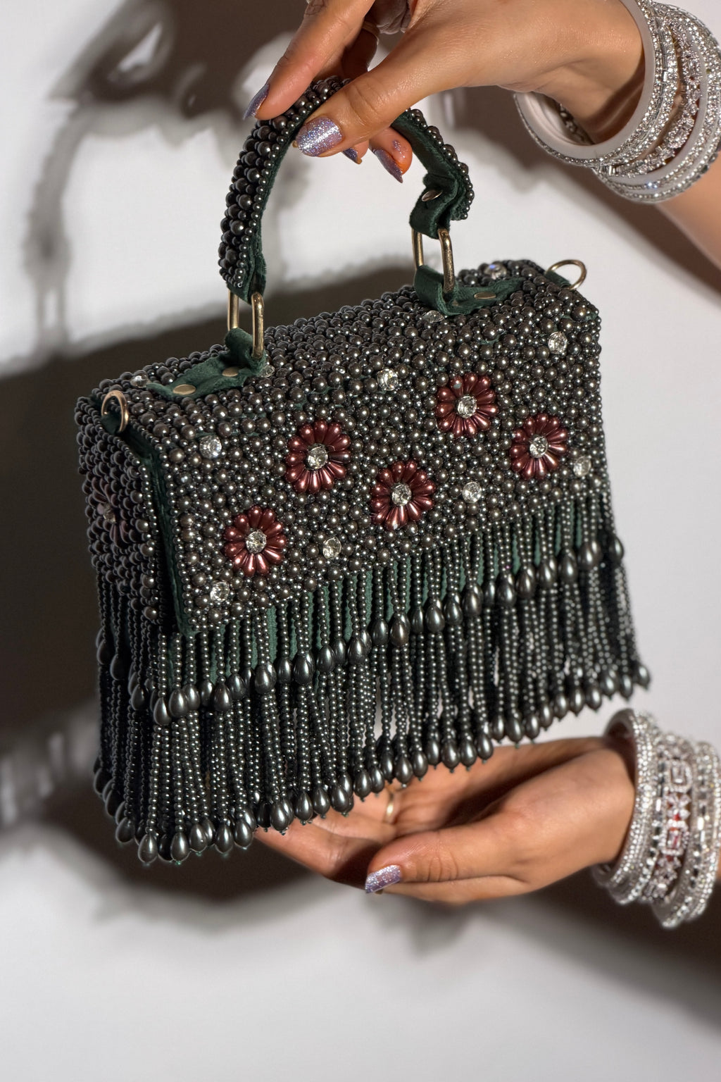 Emerald Bloom Pearls Beaded Bag