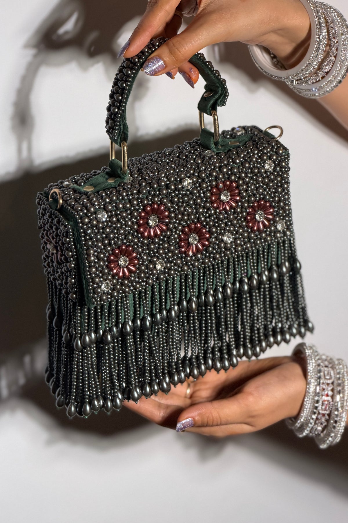 Emerald Bloom Pearls Beaded Bag