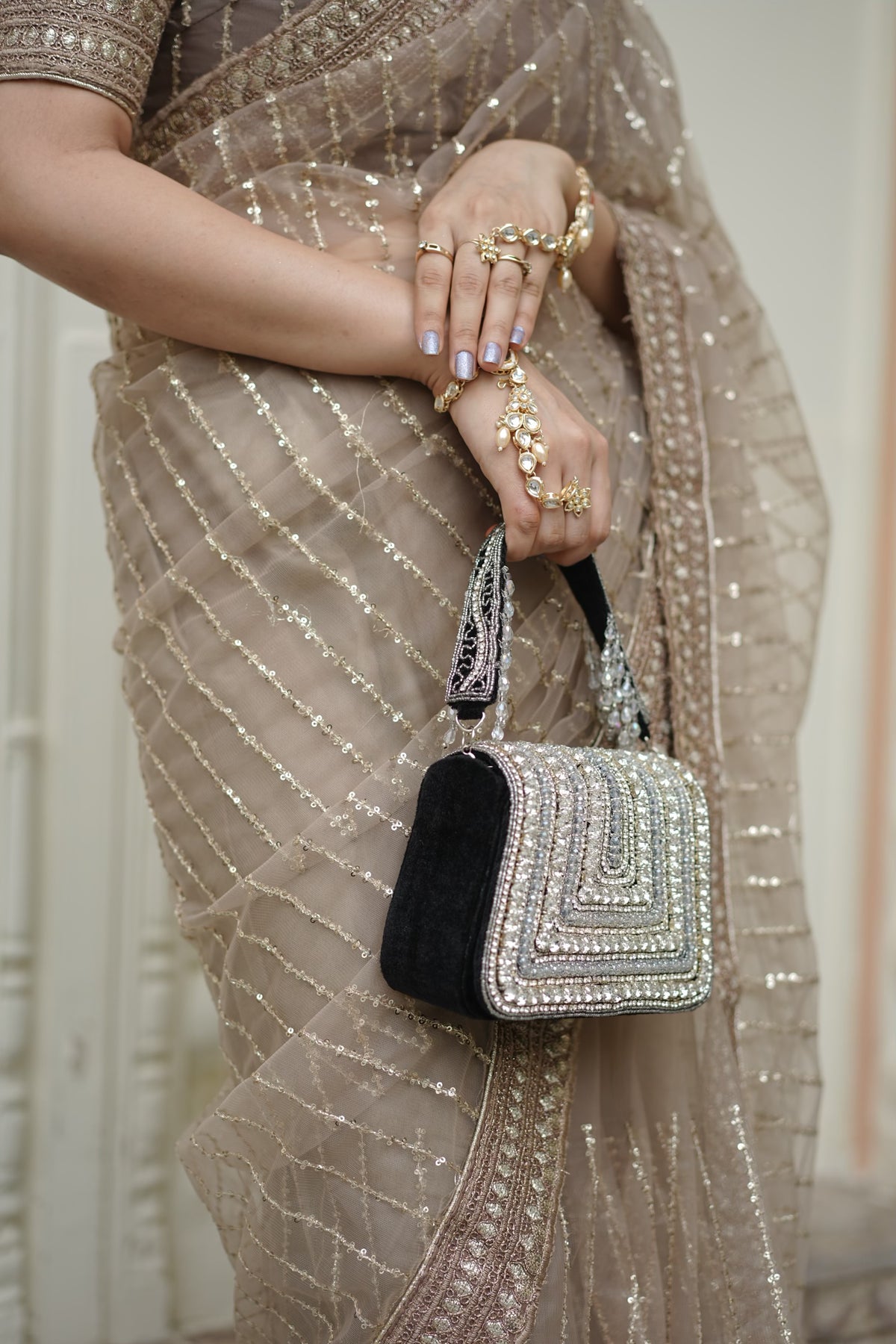 Crystal Luxe Black Embellished Handbag