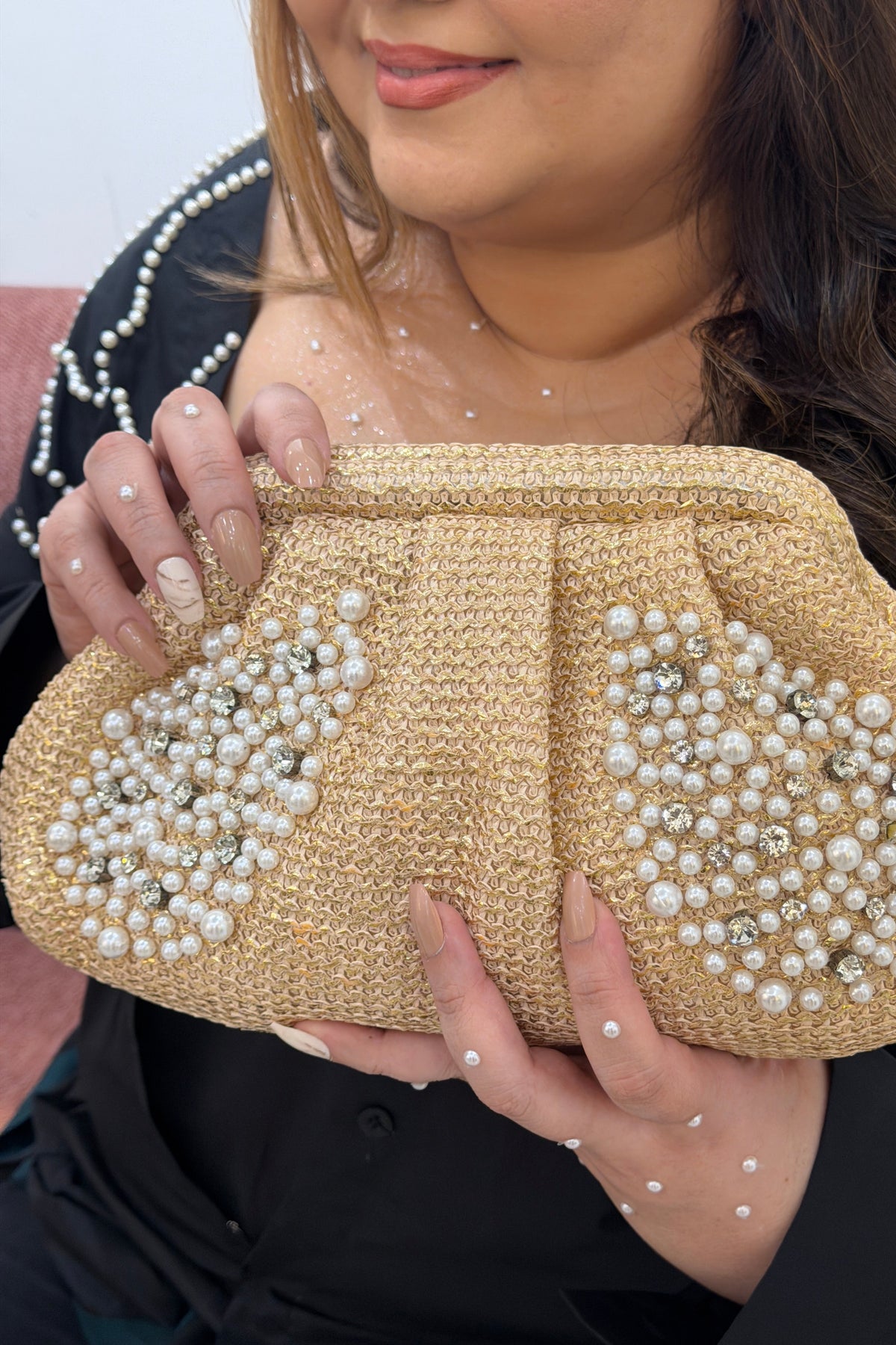 Champagne Gold Pearl Petal Beaded Clutch