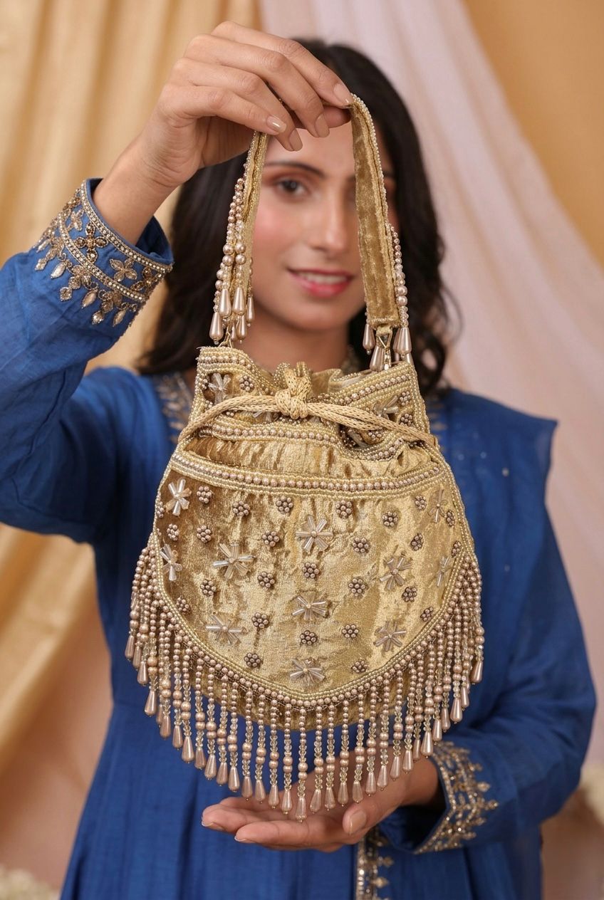 Champagne Pearl Velvet Potli Bag