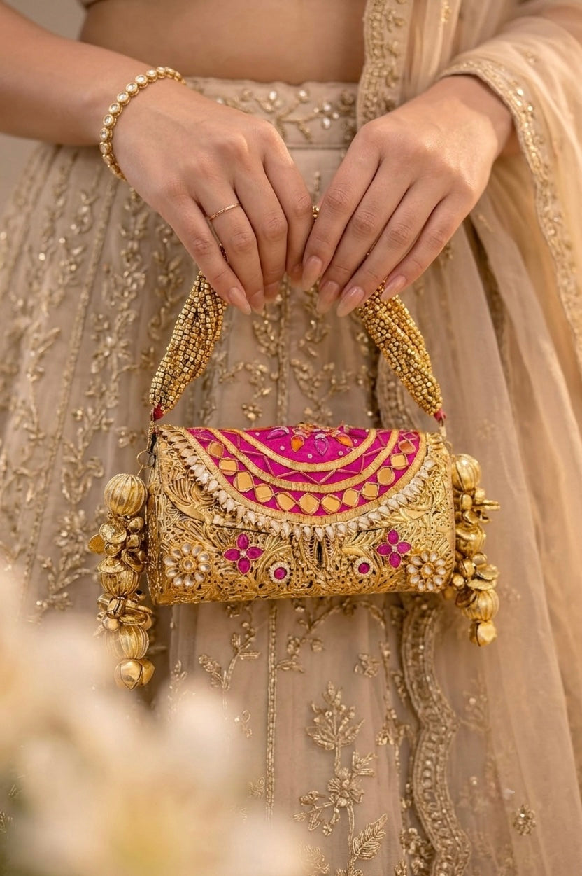 Gulnaar Metal Trunk Potli Clutch, Pink