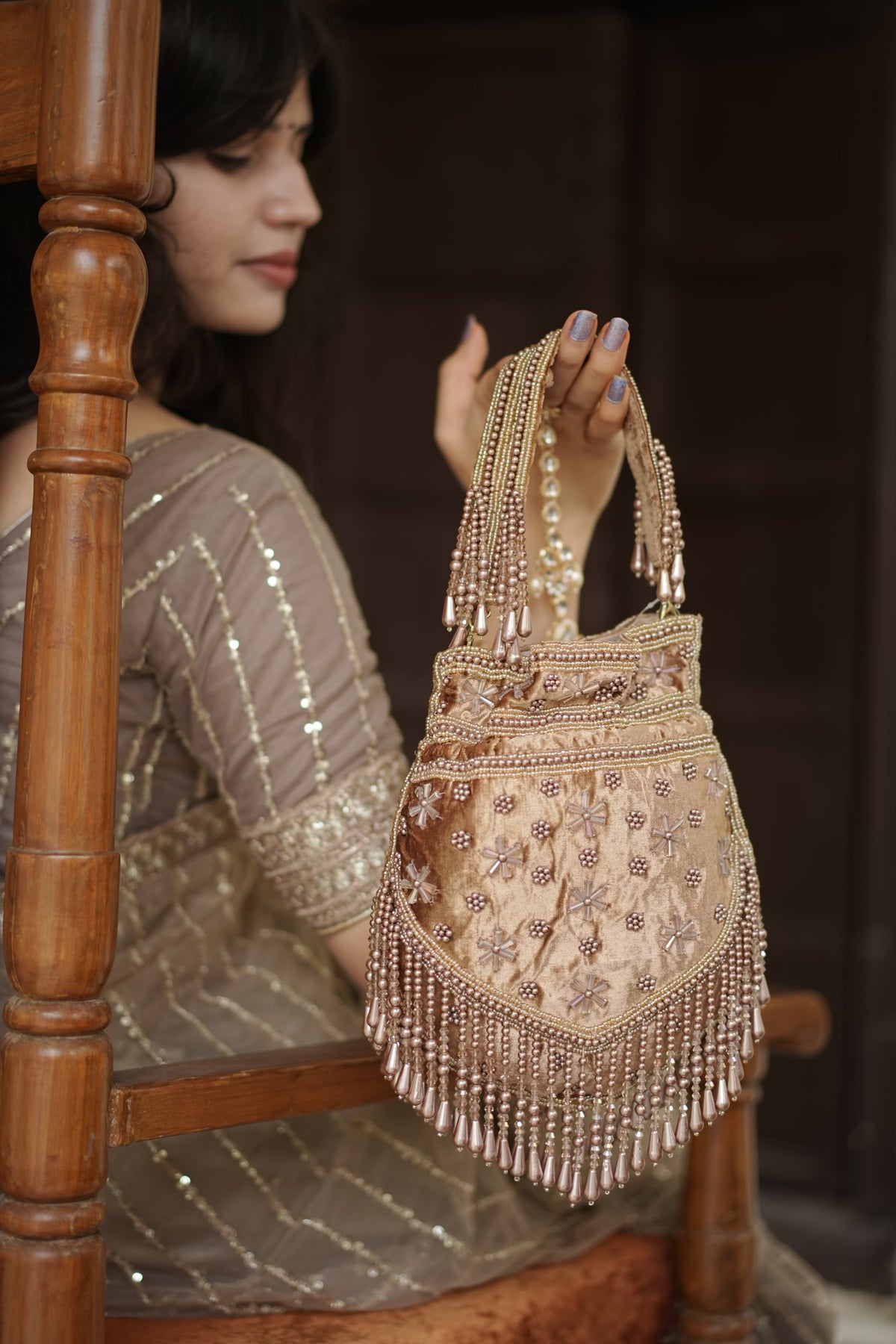 Champagne Pearl Velvet Potli Bag