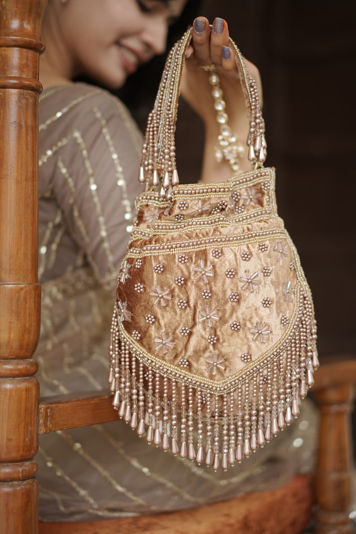 Champagne Pearl Velvet Potli Bag