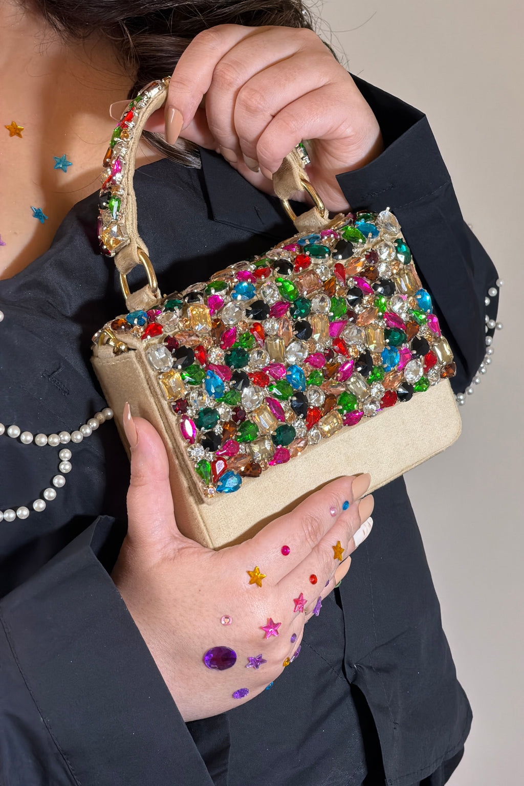 Kylie Beige Crystal Suede Clutch