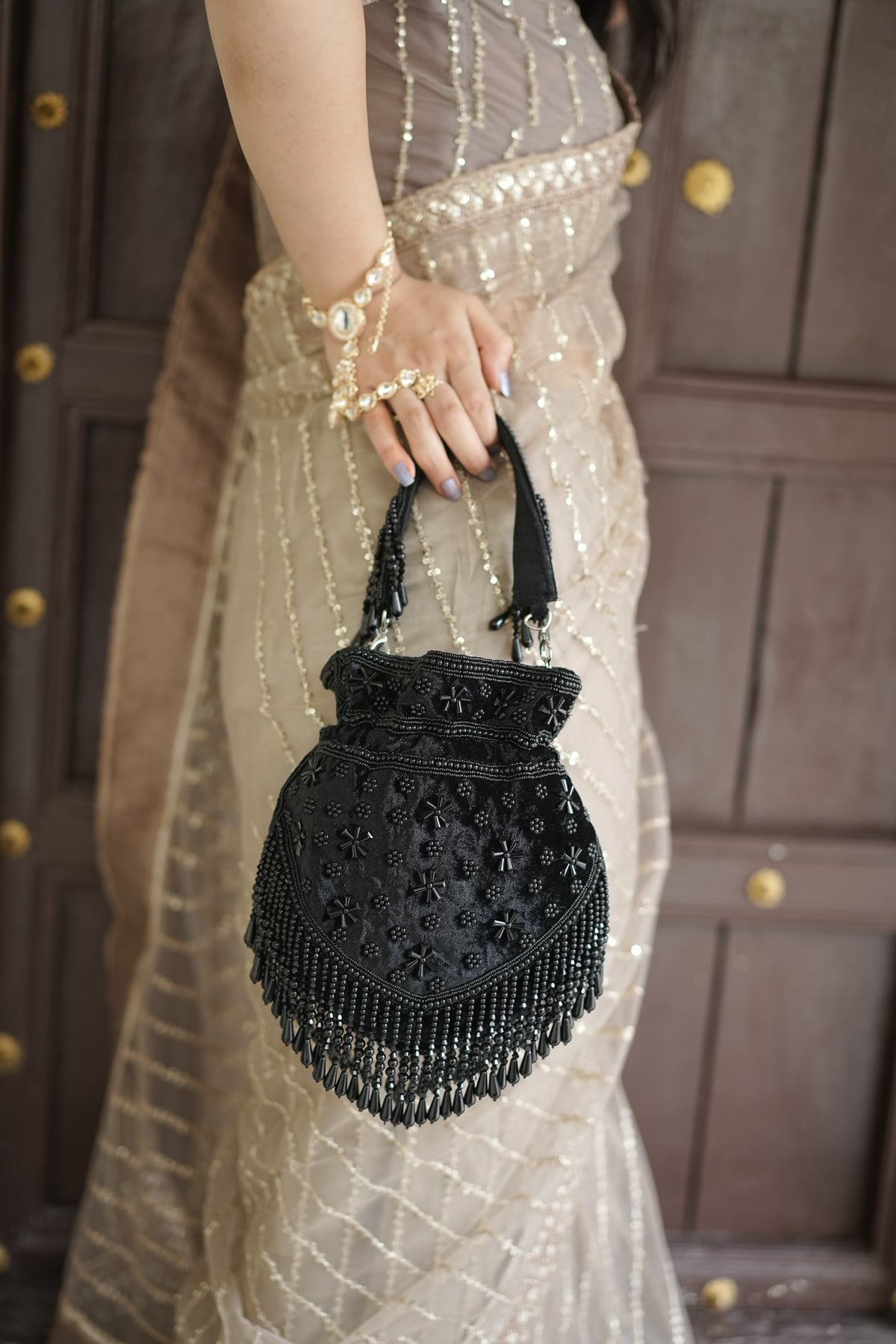 Midnight Black Pearl Velvet Potli Bag