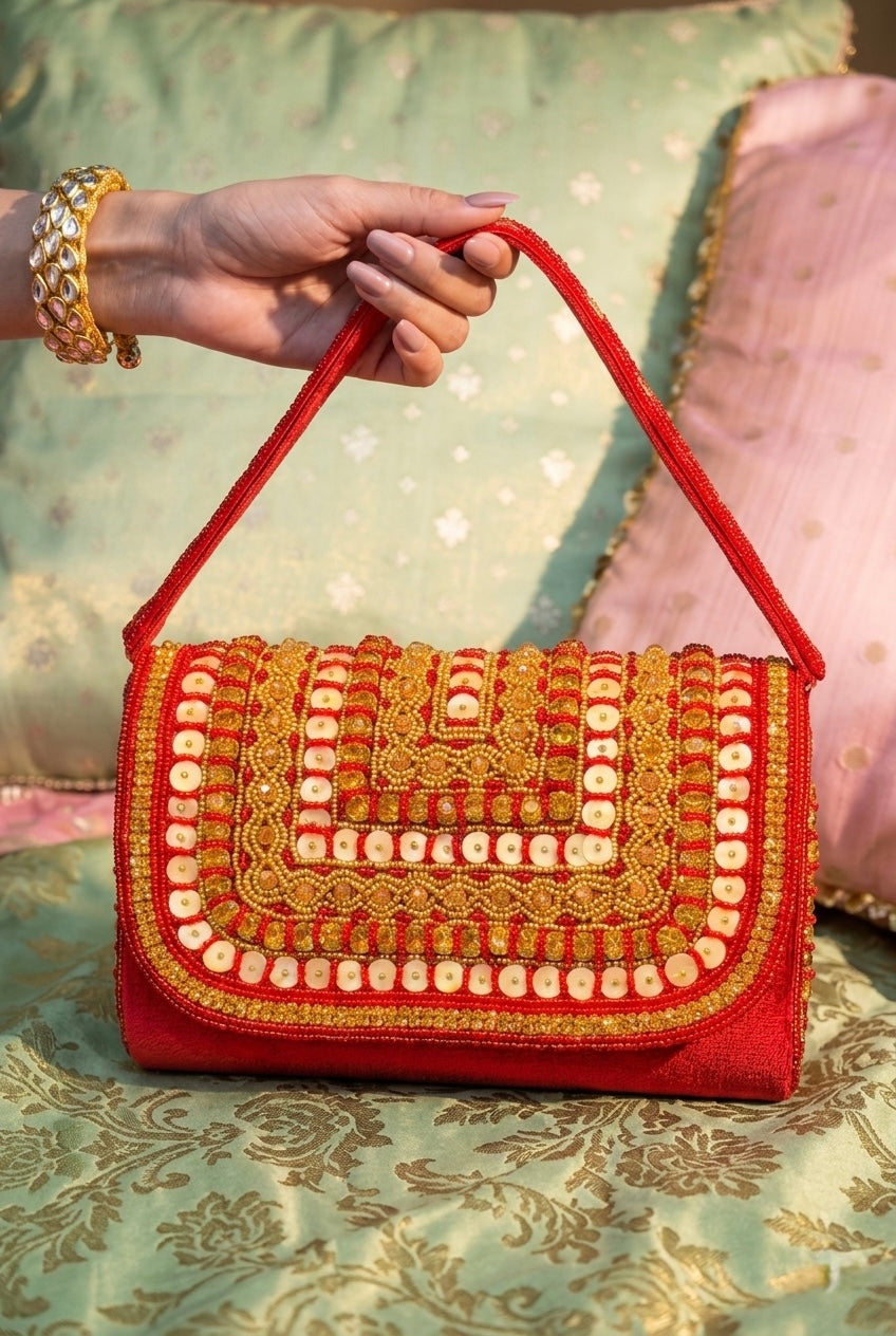 Red Bridal Mirror Work Clutch