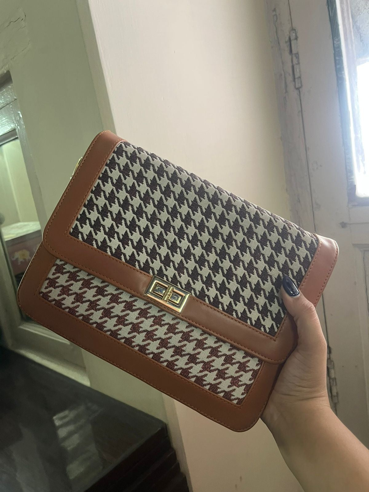Brown Houndstooth Sling Bag