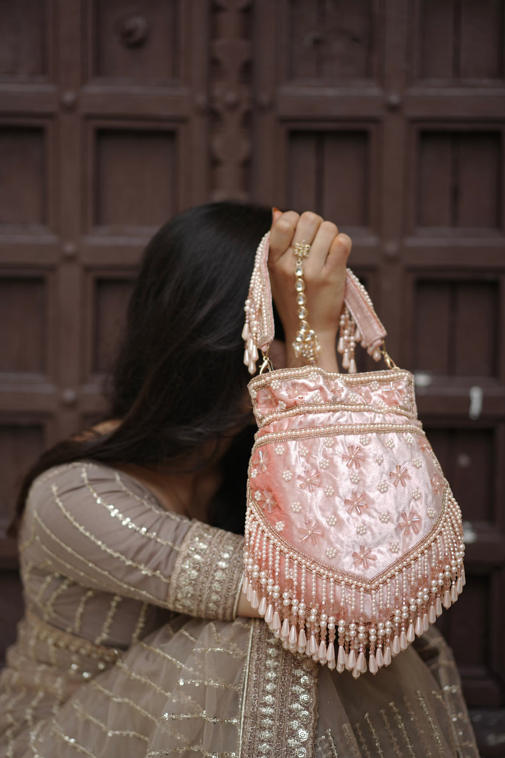 Blush Pink Pearl Velvet Potli Bag