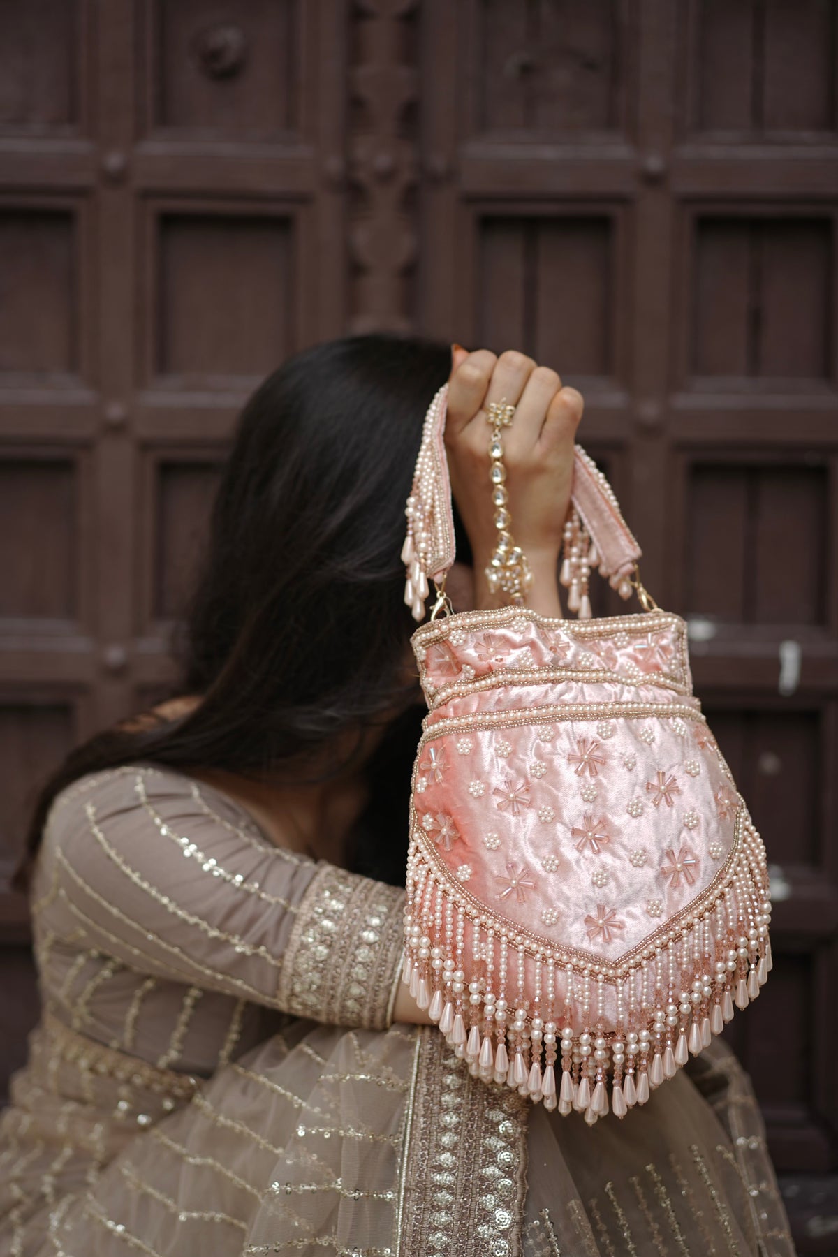 Blush Pink Pearl Velvet Potli Bag