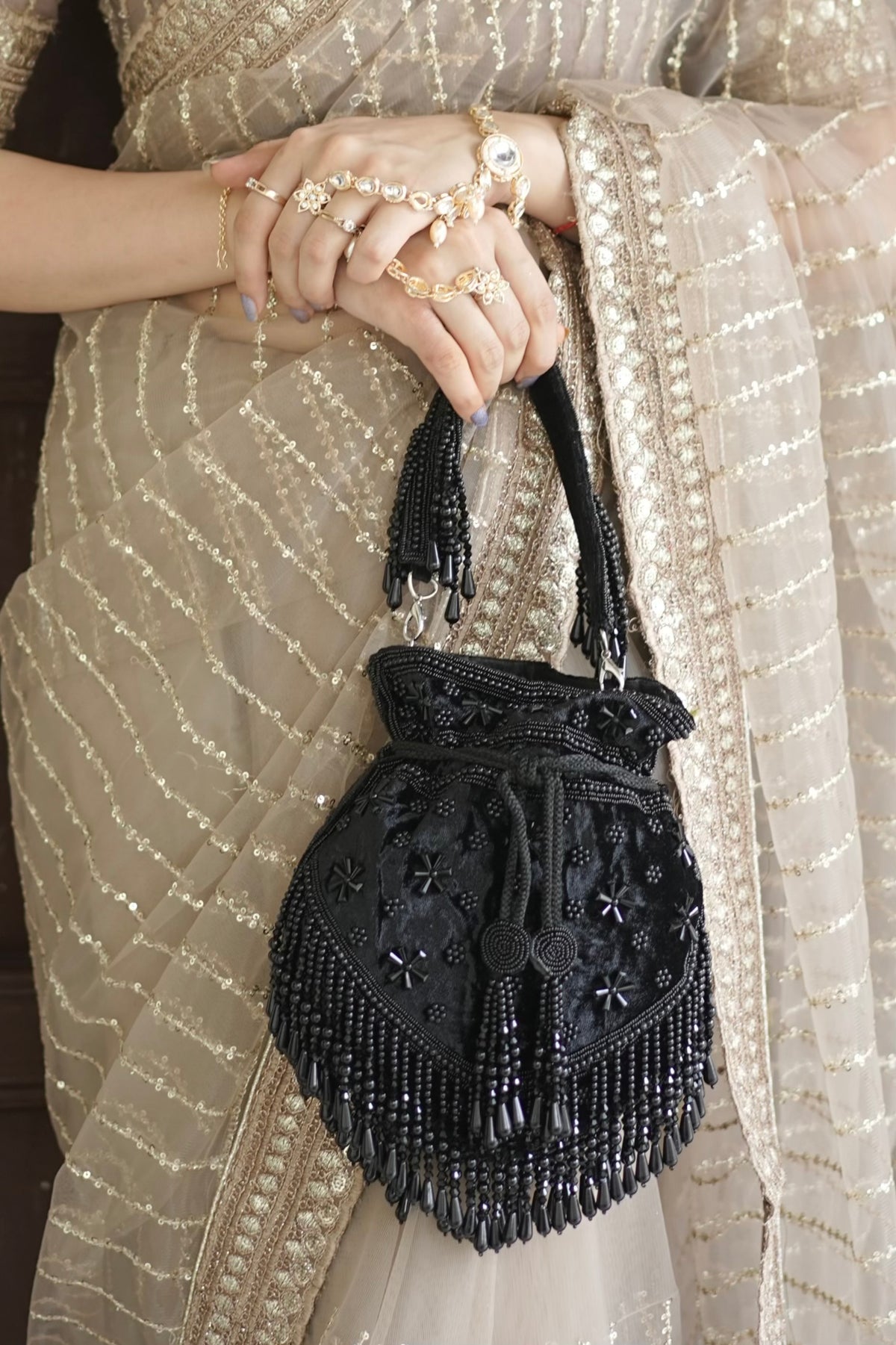 Midnight Black Pearl Velvet Potli Bag