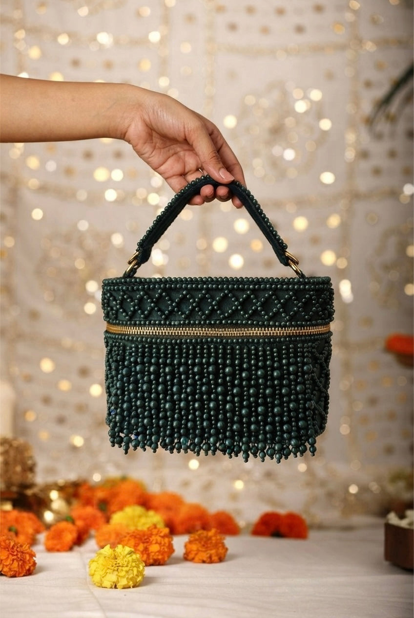 Pearl Fringe Vanity Bag, Emerald Green