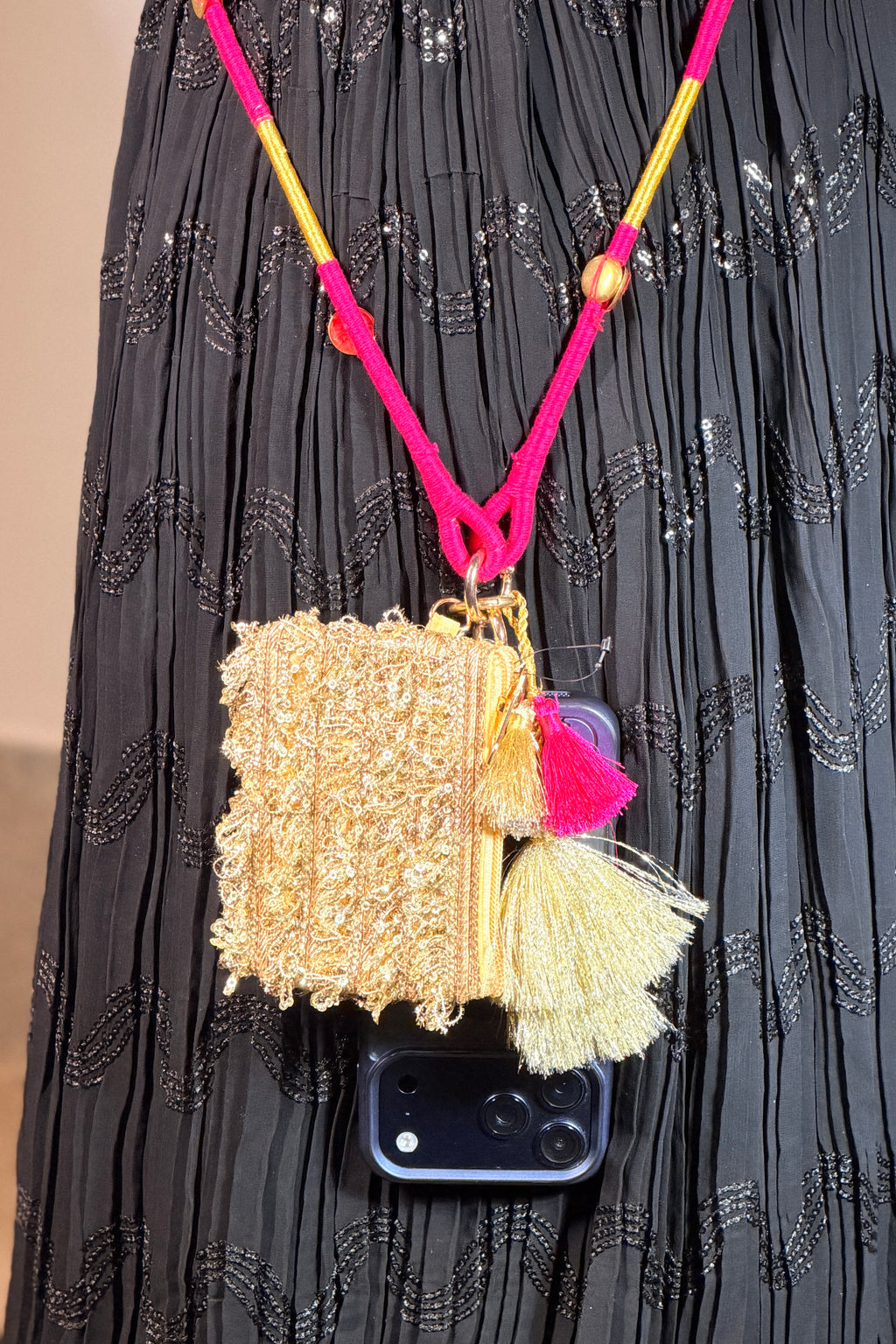 Luxe Tassel Pink and Gold Phone Pouch+Sling