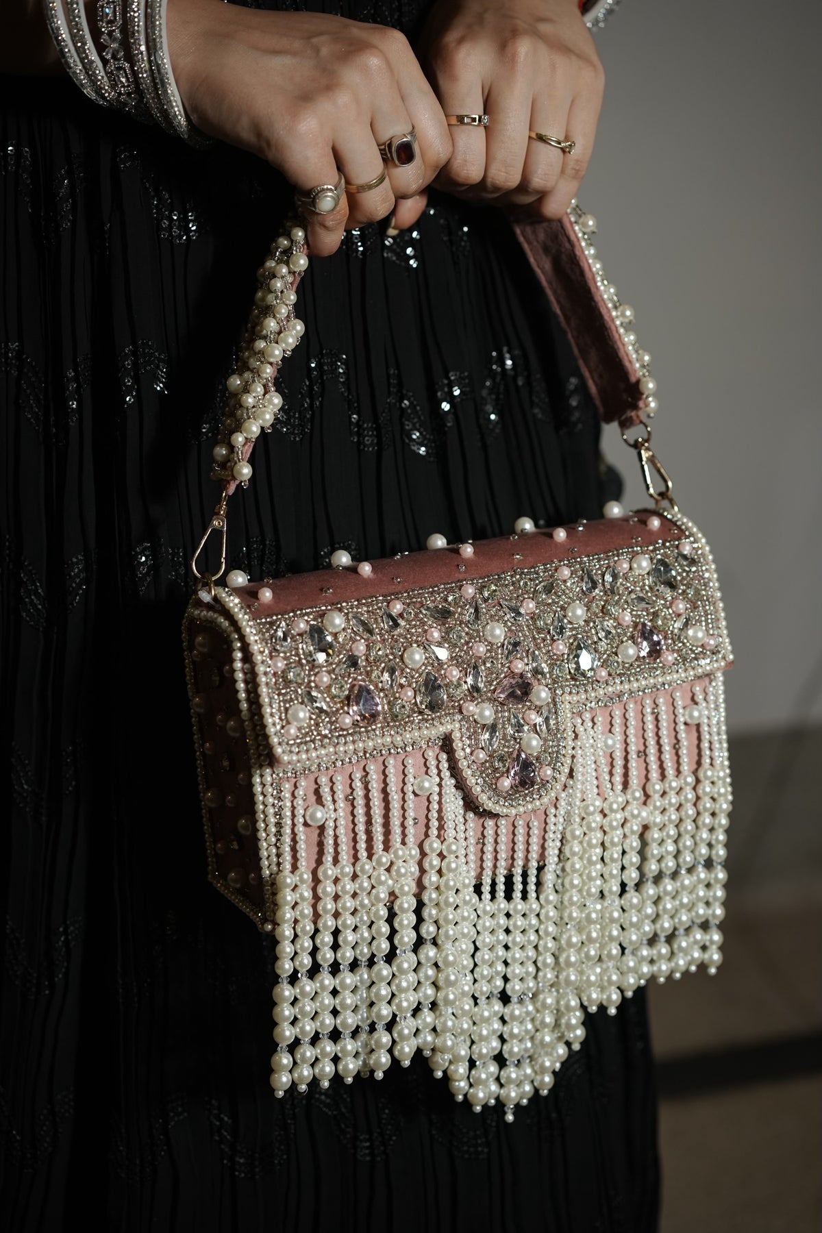 Dusty Rose Pink Pearl Velvet Cascade Bag