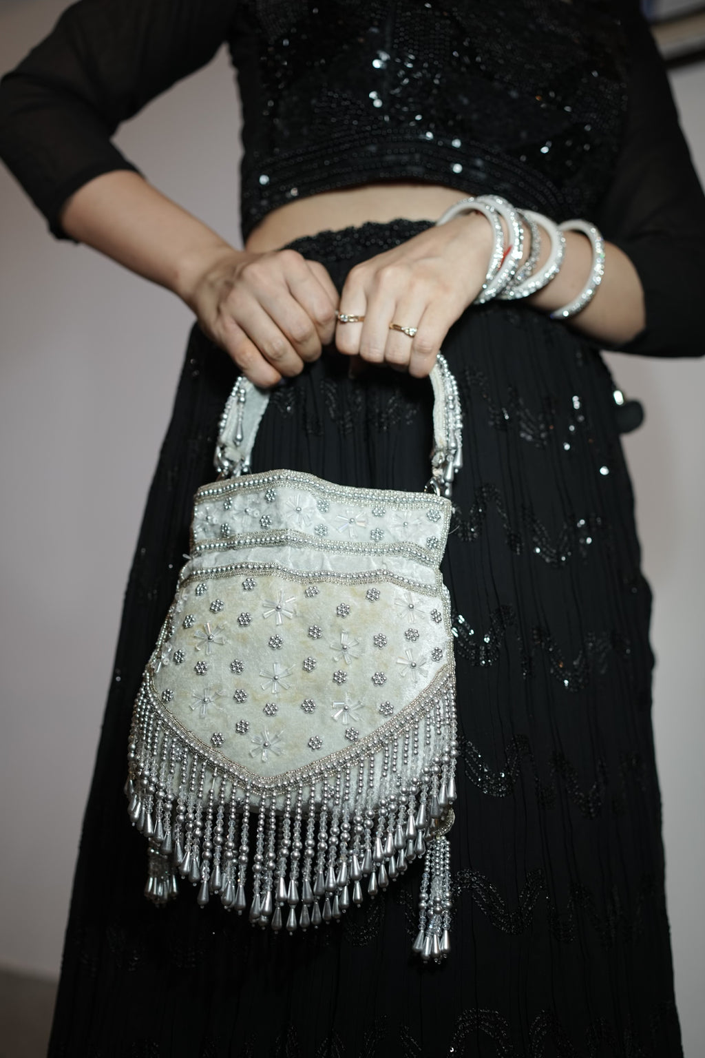 Silver Pearl Velvet Potli Bag