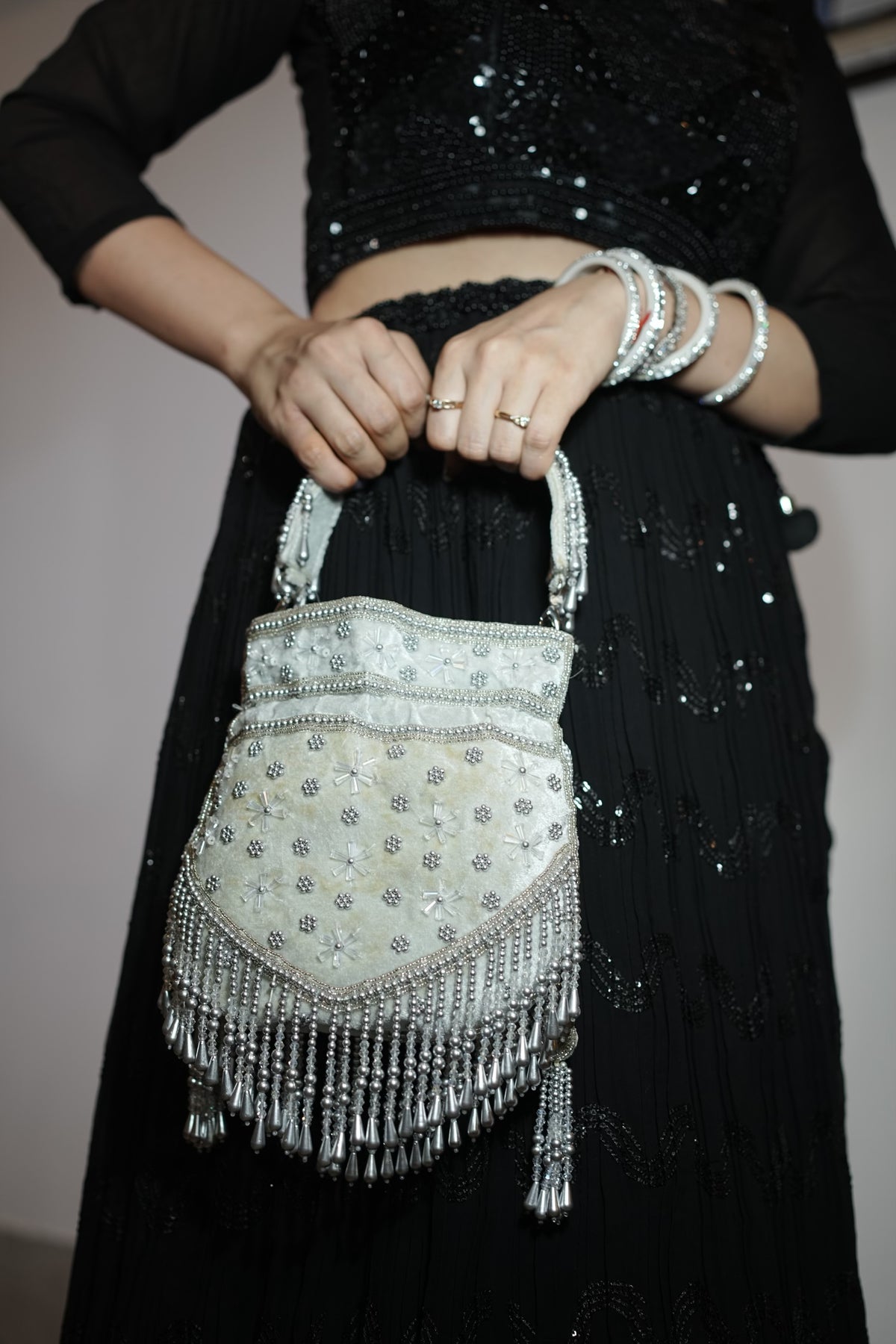 Silver Pearl Velvet Potli Bag