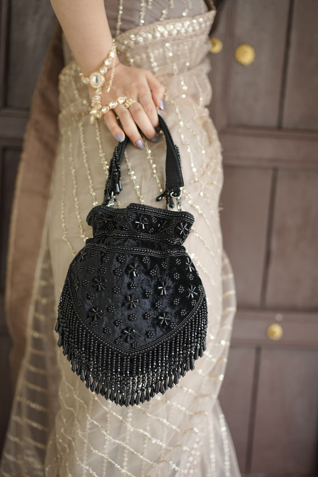 Midnight Black Pearl Velvet Potli Bag