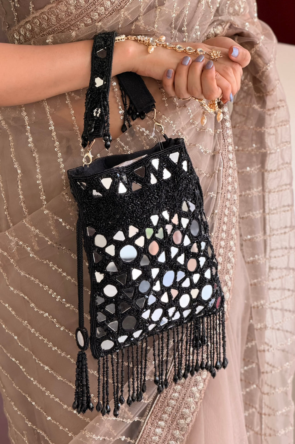 Black Mirror Fringe Potli Bag