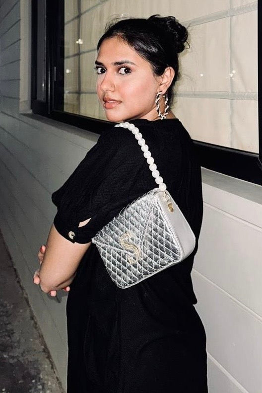 Pearl Luxe Silver Quilted Sling Bag