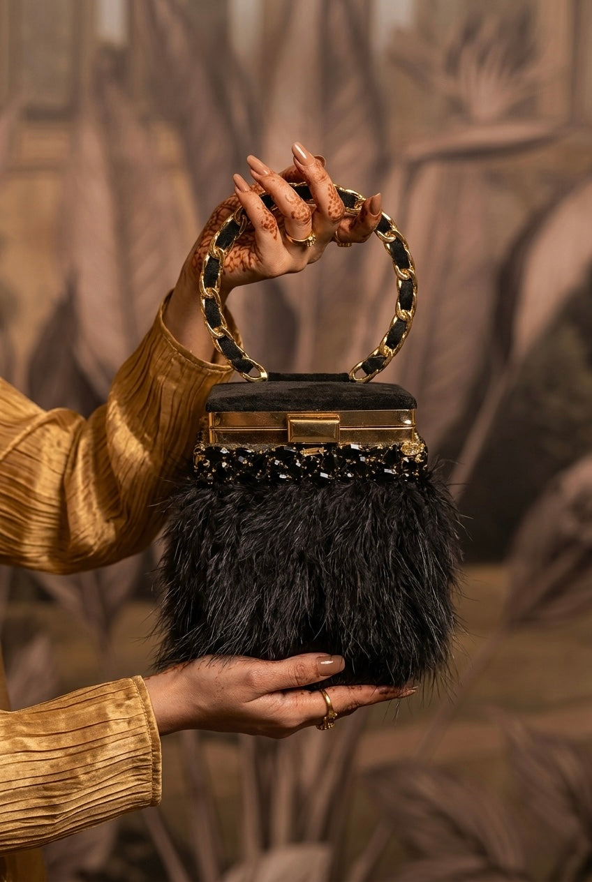 Phoenix Plume Feather Box Bag, Midnight Black