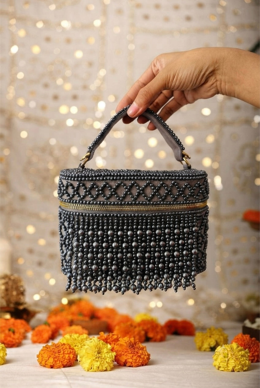 Pearl Fringe Vanity Bag, Graphite Grey