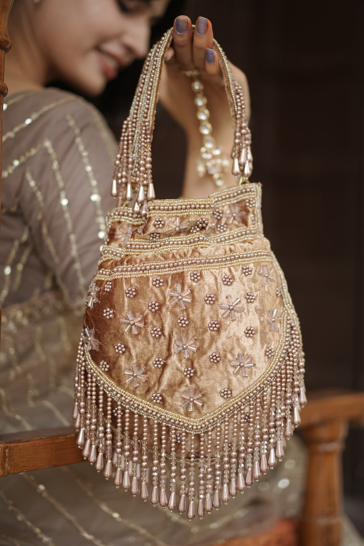 Champagne Pearl Velvet Potli Bag