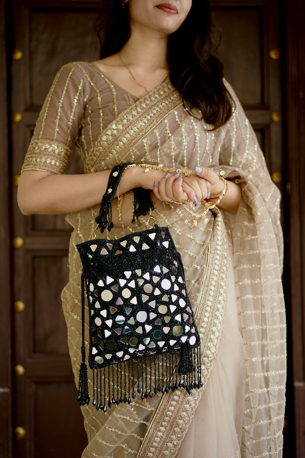 Black Mirror Fringe Potli Bag