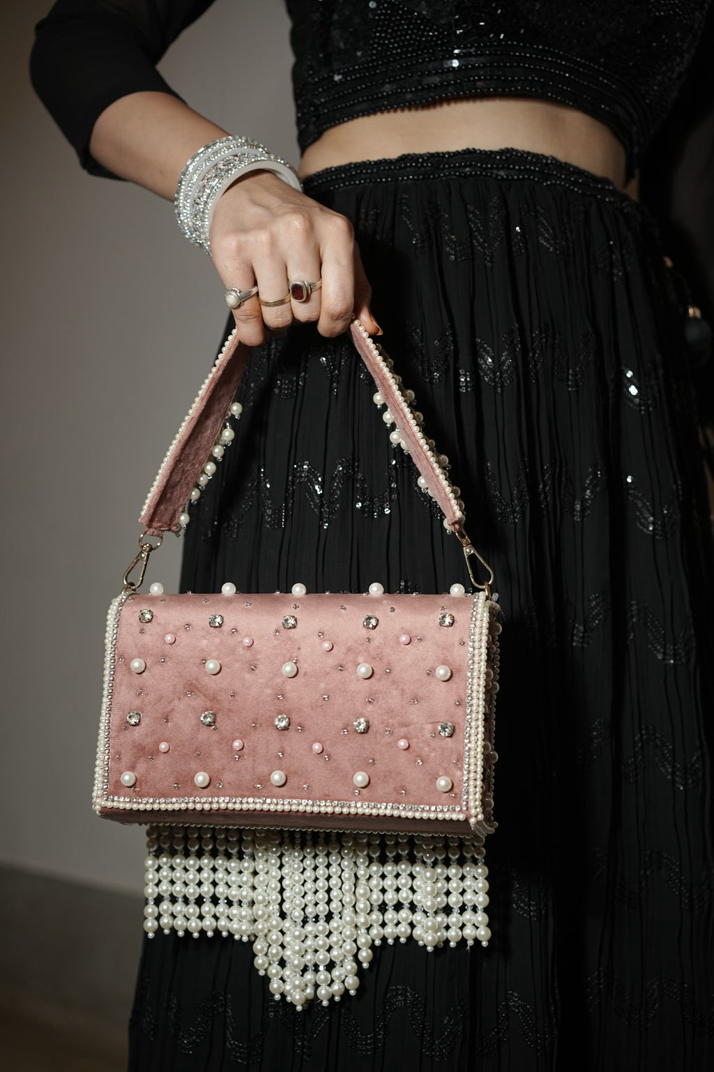 Dusty Rose Pink Pearl Velvet Cascade Bag