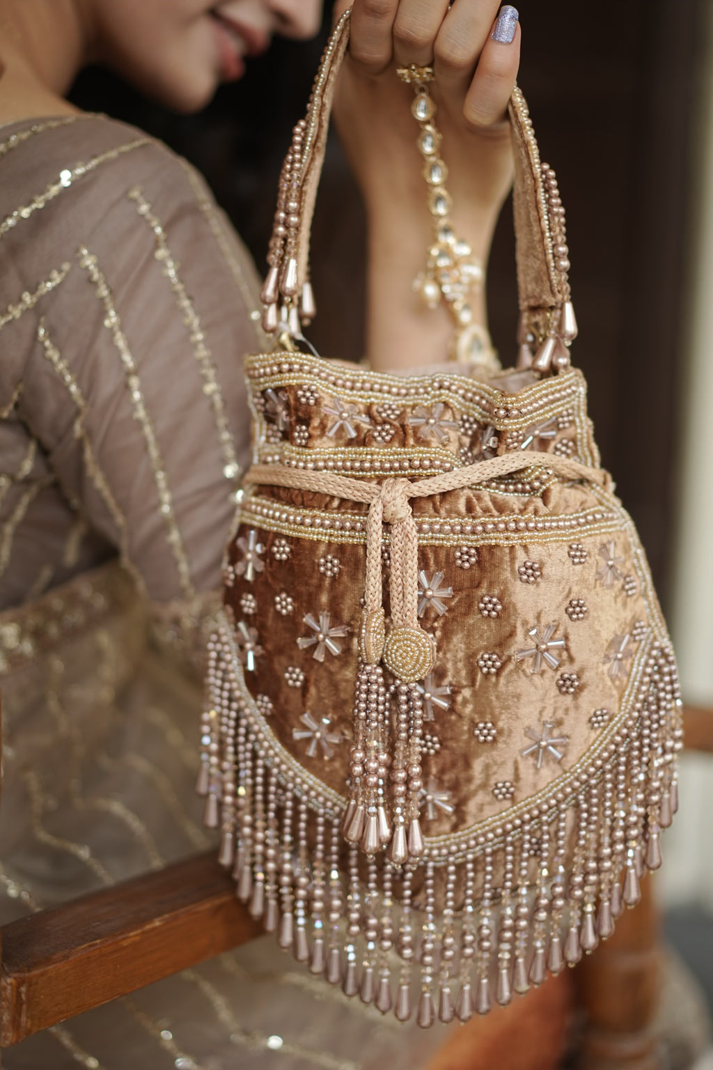 Champagne Pearl Velvet Potli Bag