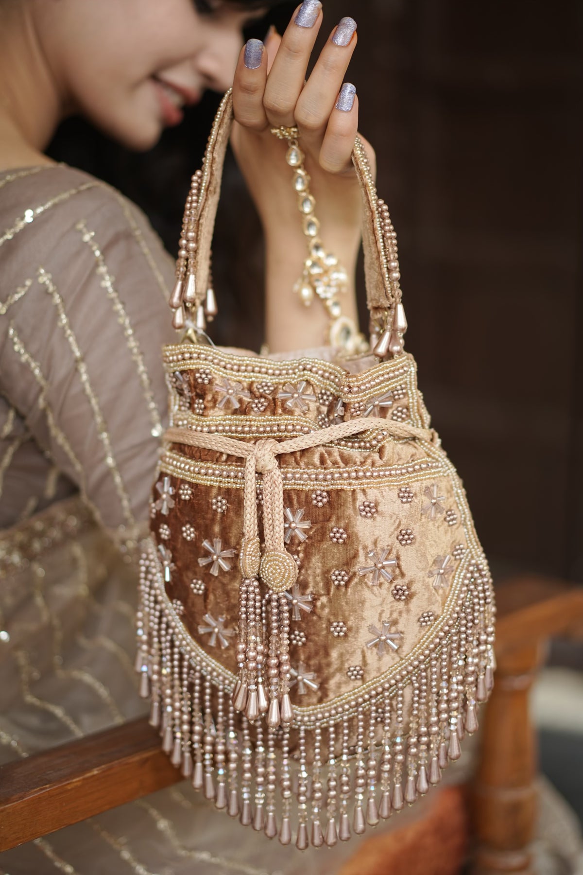 Champagne Pearl Velvet Potli Bag