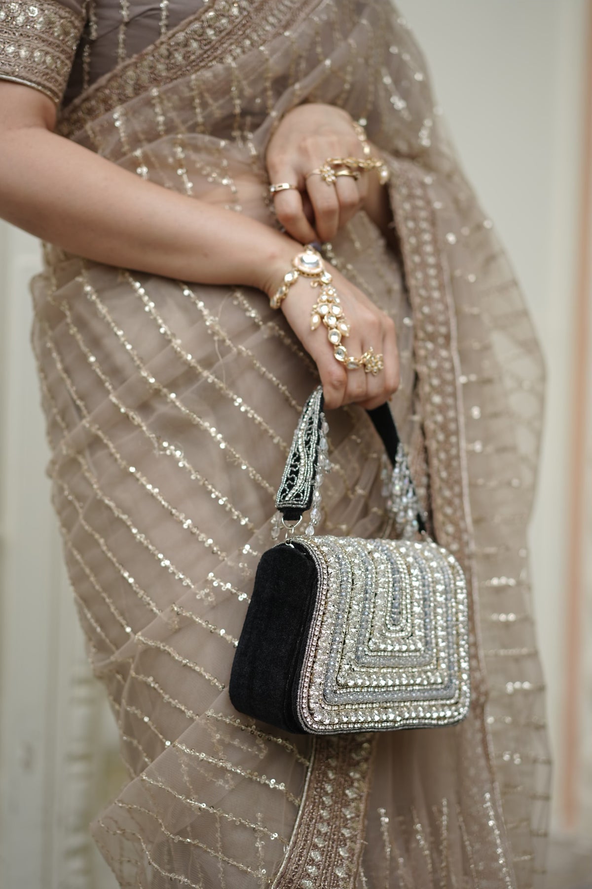 Crystal Luxe Black Embellished Handbag