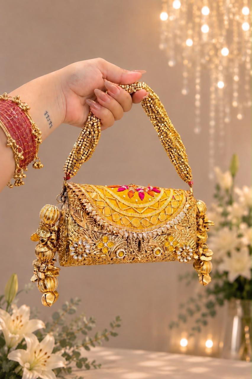 Gulnaar Metal Trunk Potli Clutch, Yellow