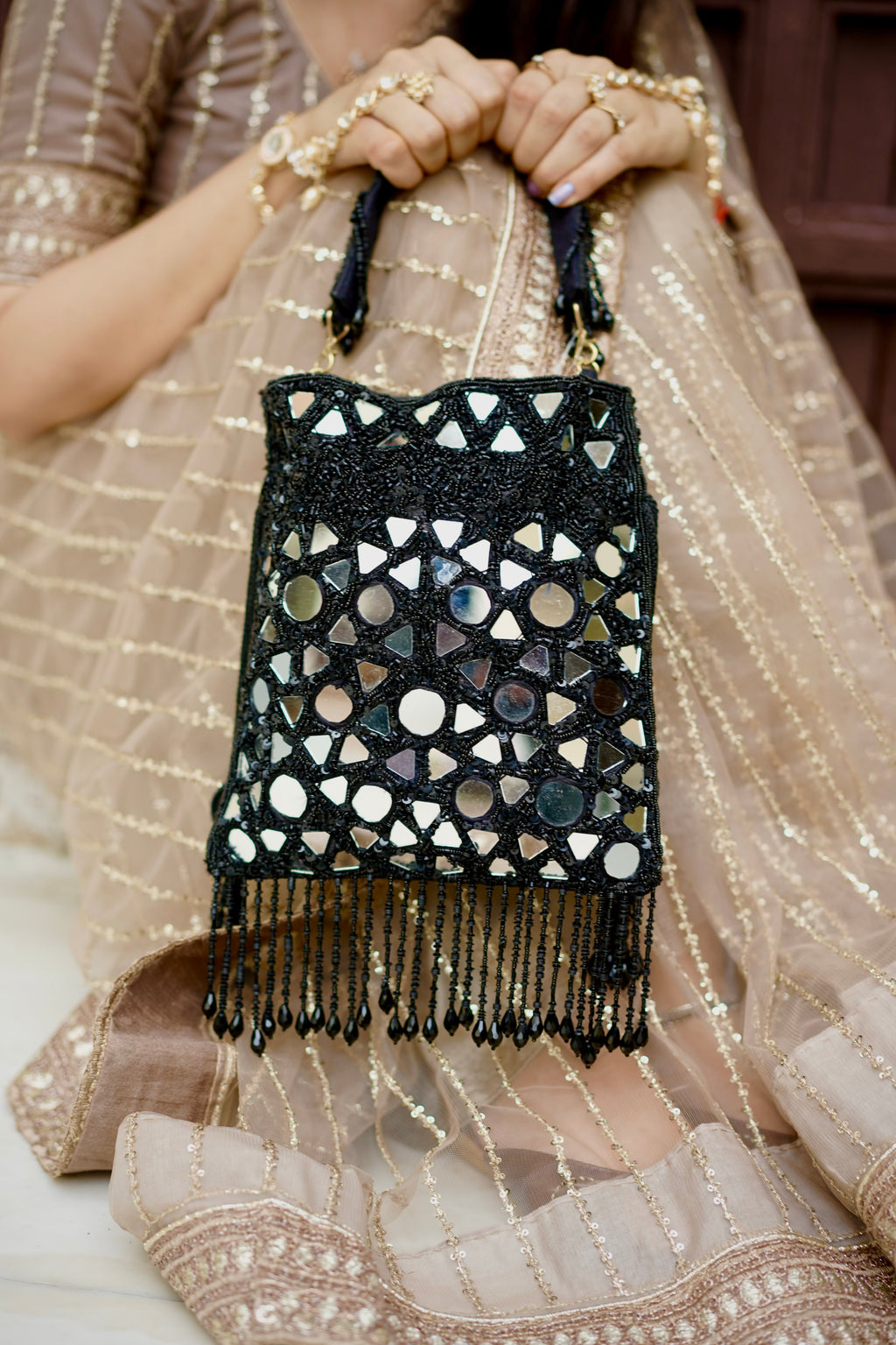 Black Mirror Fringe Potli Bag