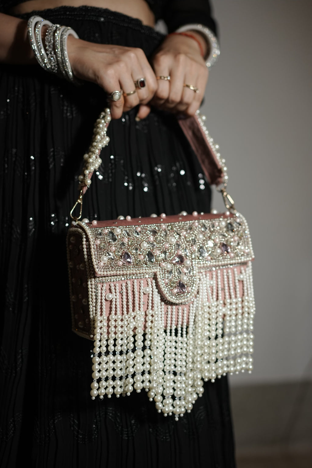 Dusty Rose Pink Pearl Velvet Cascade Bag
