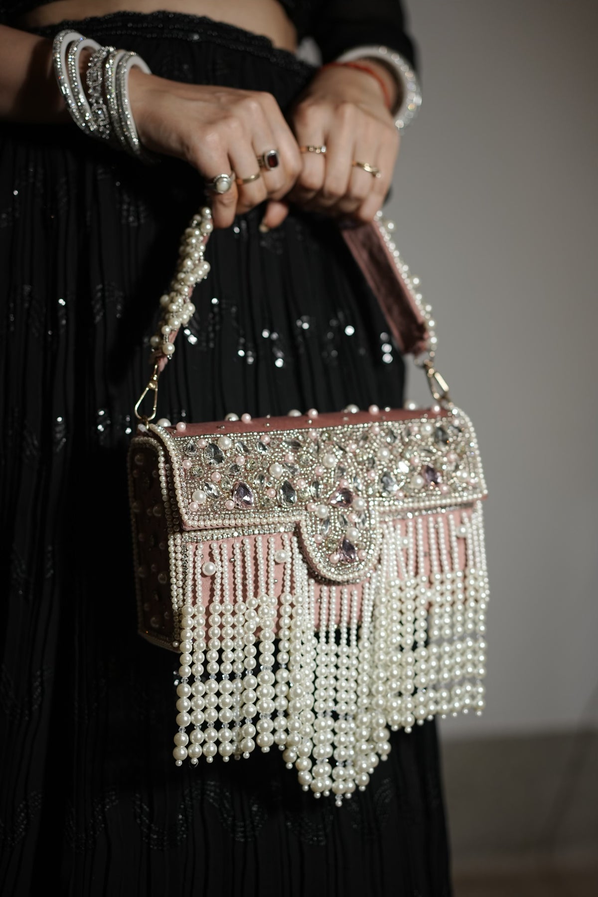Dusty Rose Pink Pearl Velvet Cascade Bag